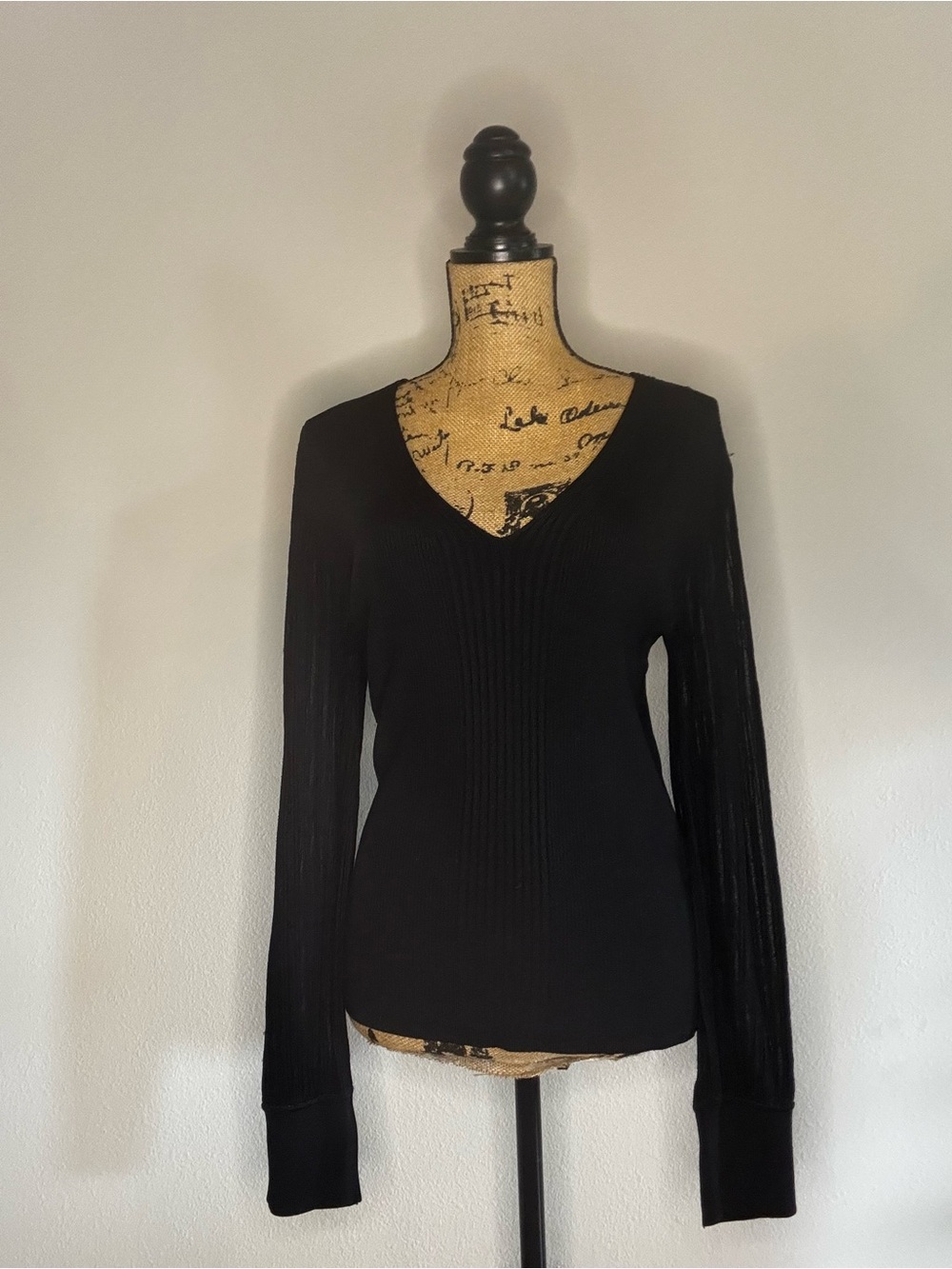 White House Black Market Black Ribbed V-Neck Long Sleeve Top